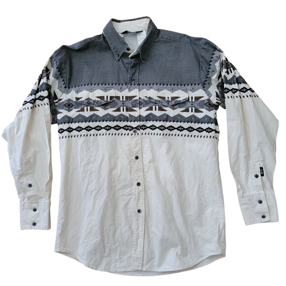 Panhandle Slim Vintage Brooks Dunn Western Shirt Button Up Aztec 17/35 Gray Crea - Picture 1 of 6